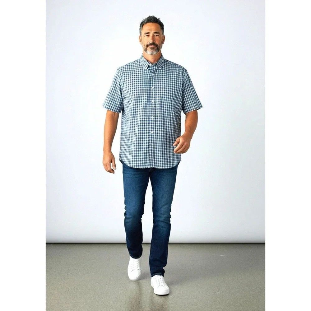 LL Bean Mens Blue White Plaid Wrinkle Resistant Button Down Traditional